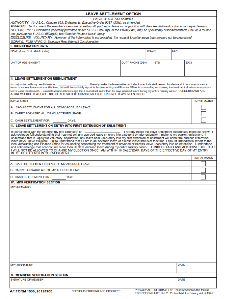 AF Form 1089 Separation Pay Worksheet Finder Doc