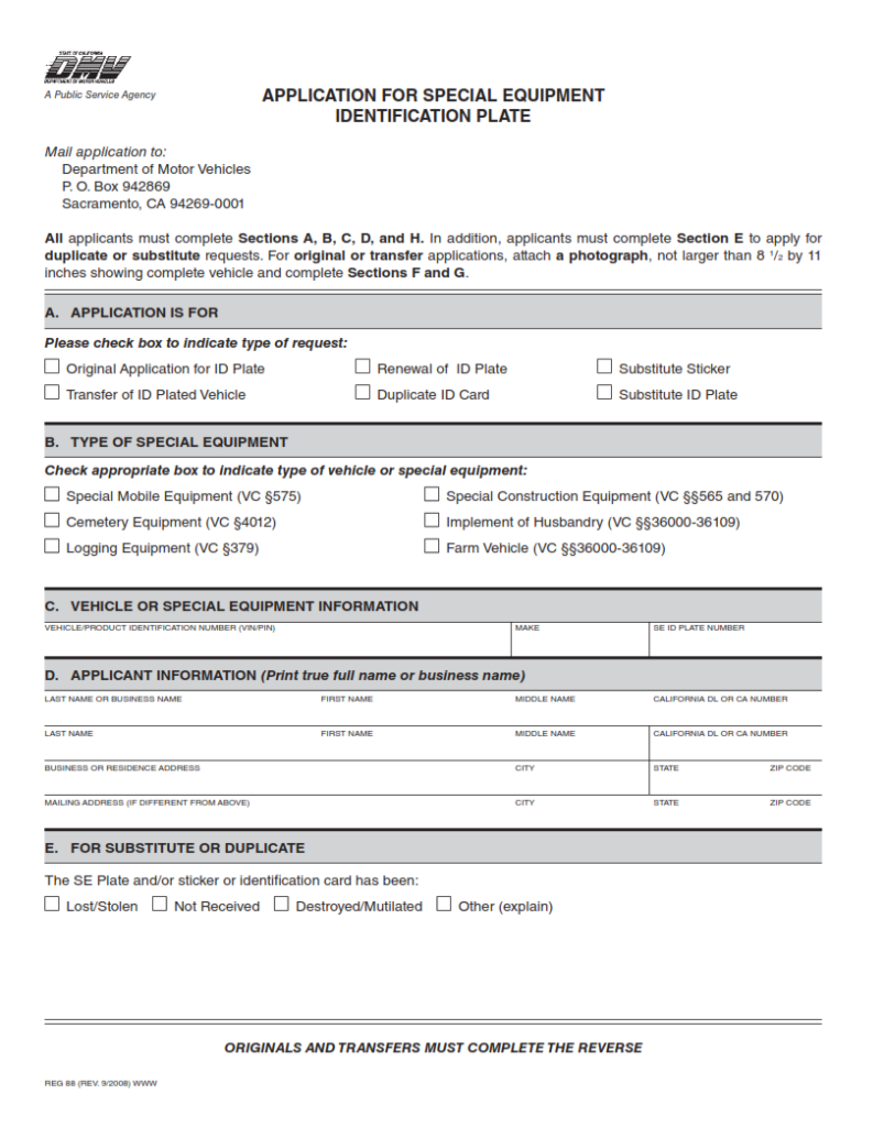 REG 88 Application for Special Equipment Identification Plate