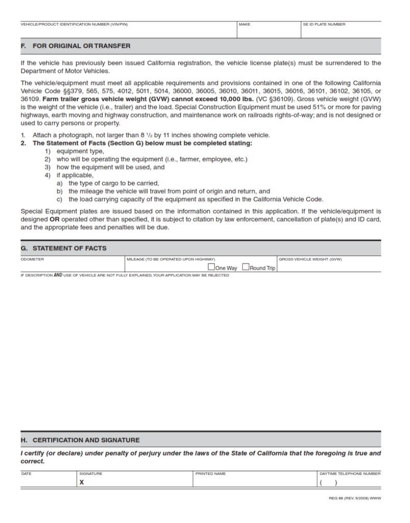 REG 88 Application for Special Equipment Identification Plate