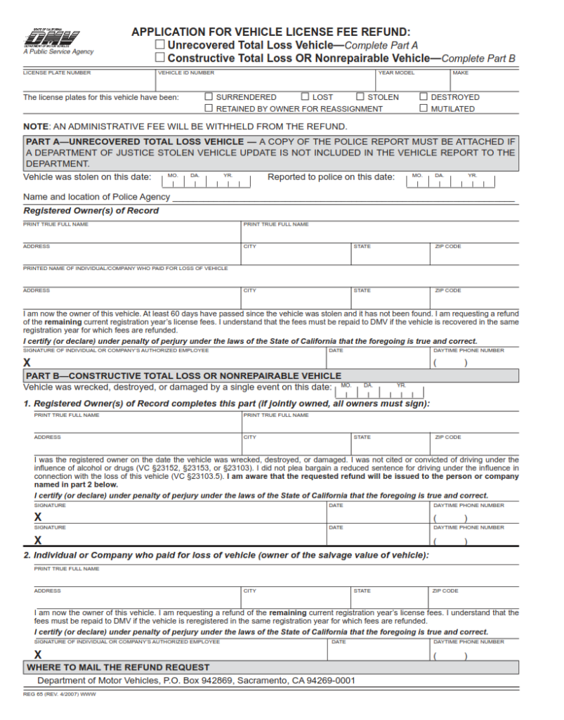 REG 65 Application For Vehicle License Fee Refund Finder Doc reg-65-application-for-vehicle-license-fee-refund-finder-doc