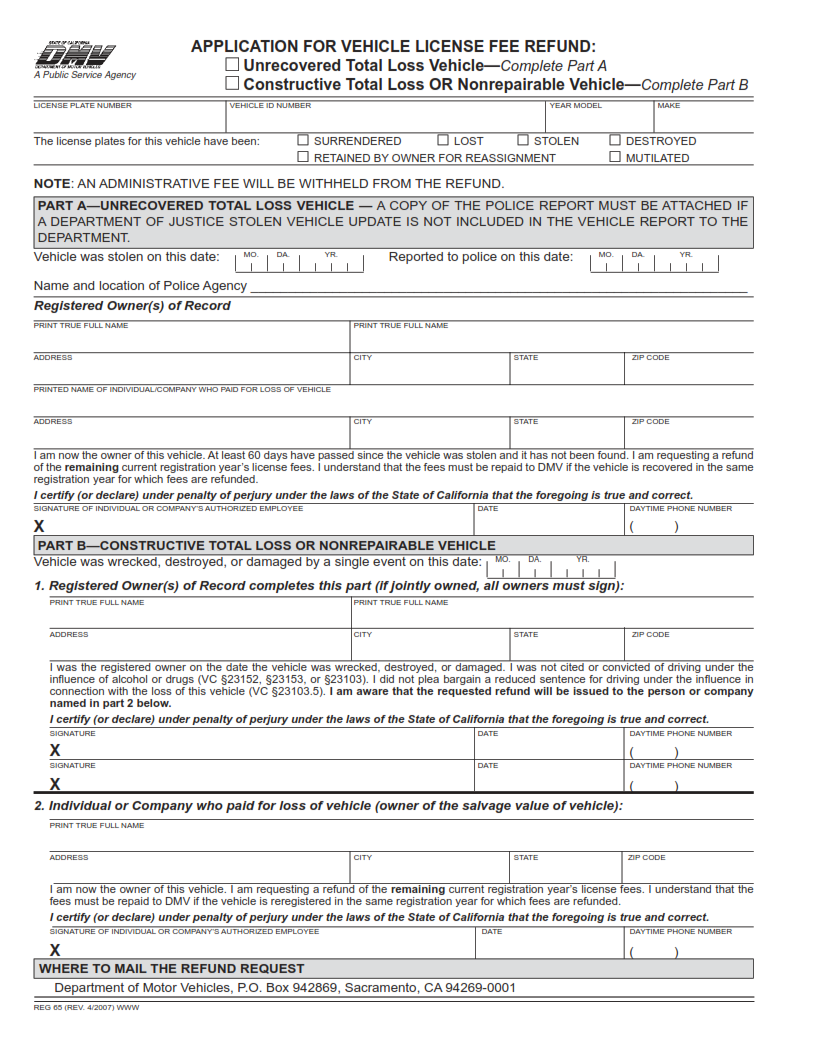 Application for Vehicle License Fee Refund Page 1