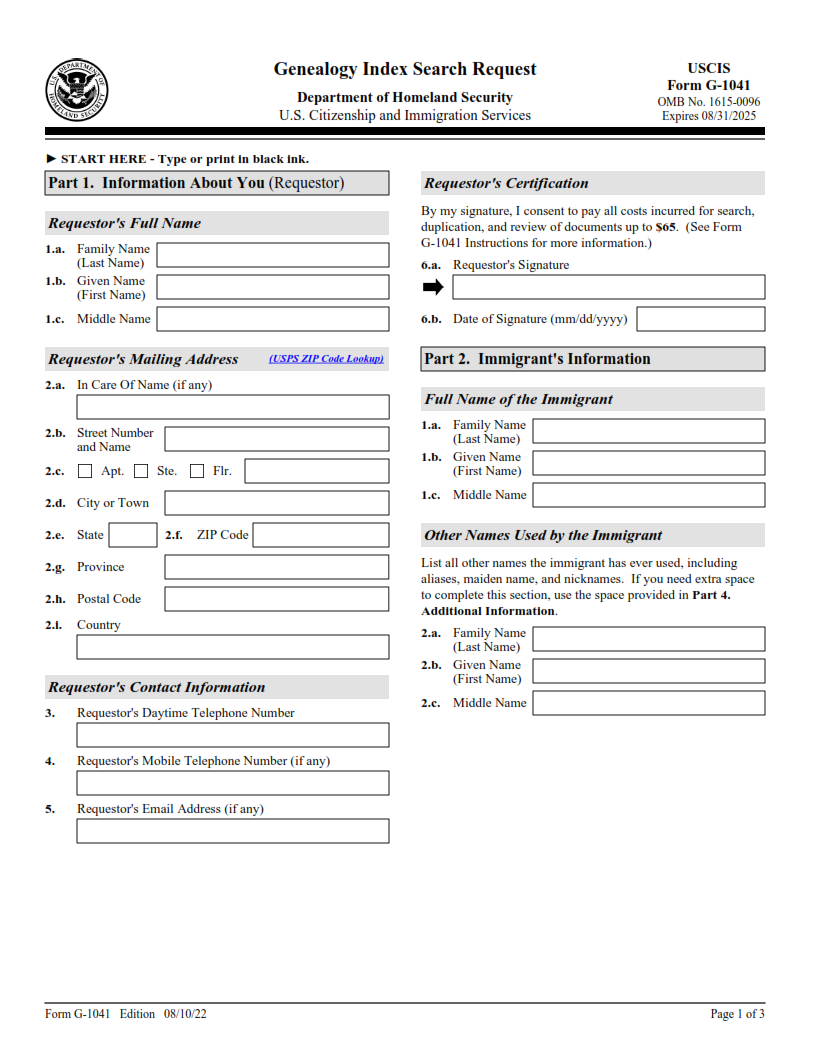 G-1041 Form - Genealogy Index Search Request Page 1