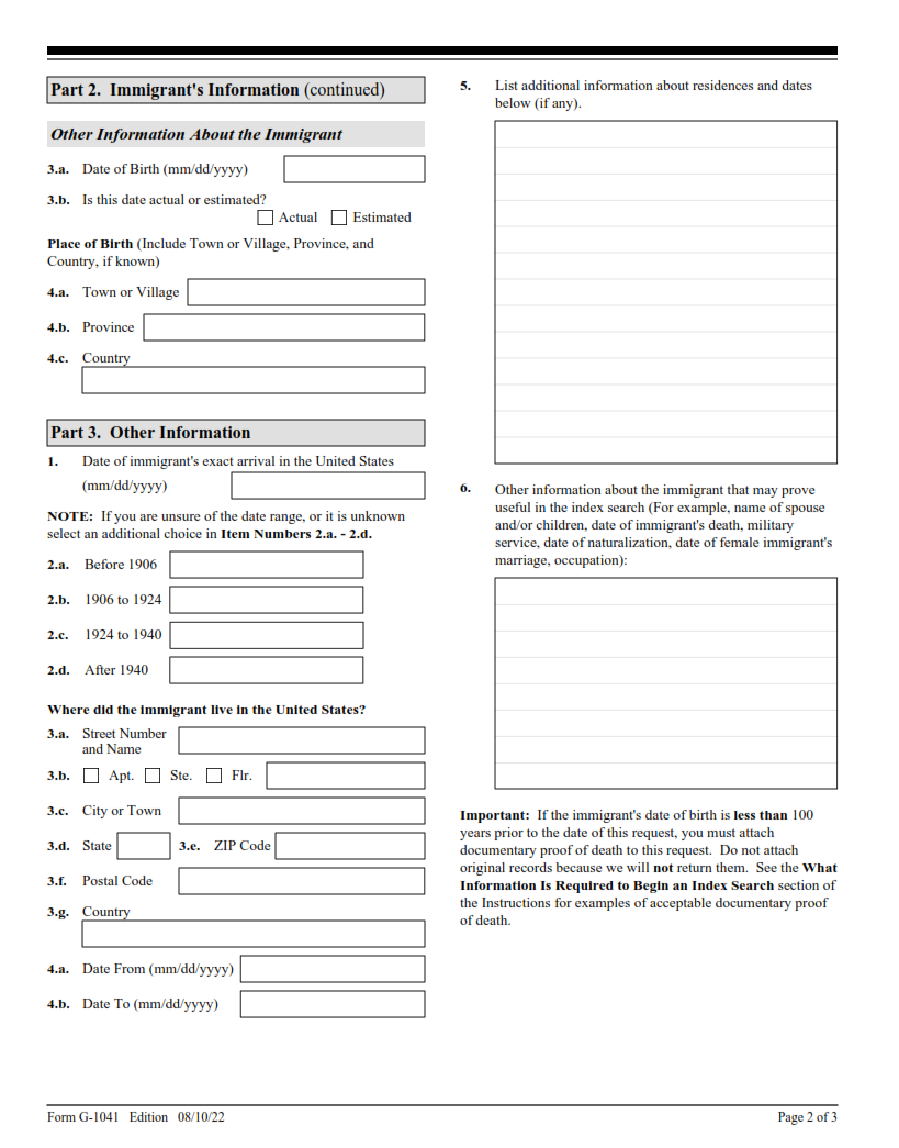 G-1041 Form - Genealogy Index Search Request Page 2