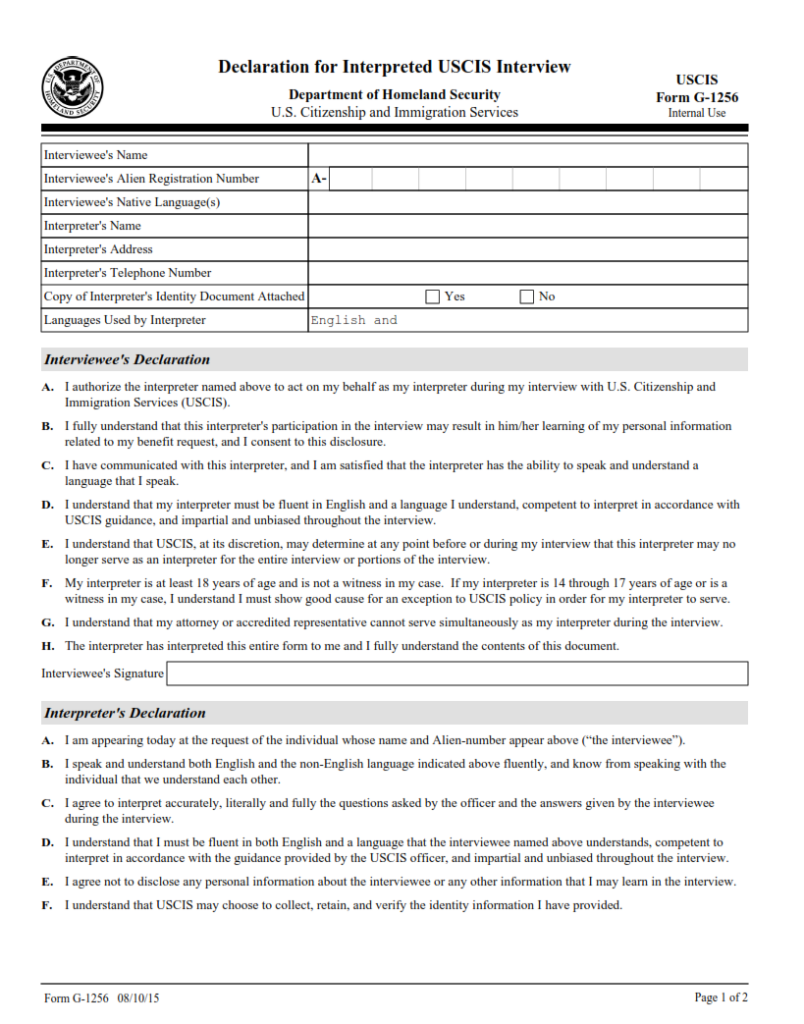 G-1256 Form – Declaration for Interpreted USCIS Interview | Finder Doc