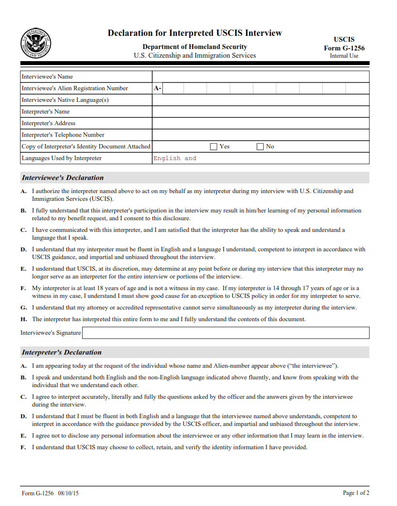 G-1256 Form - Declaration for Interpreted USCIS Interview Page 1