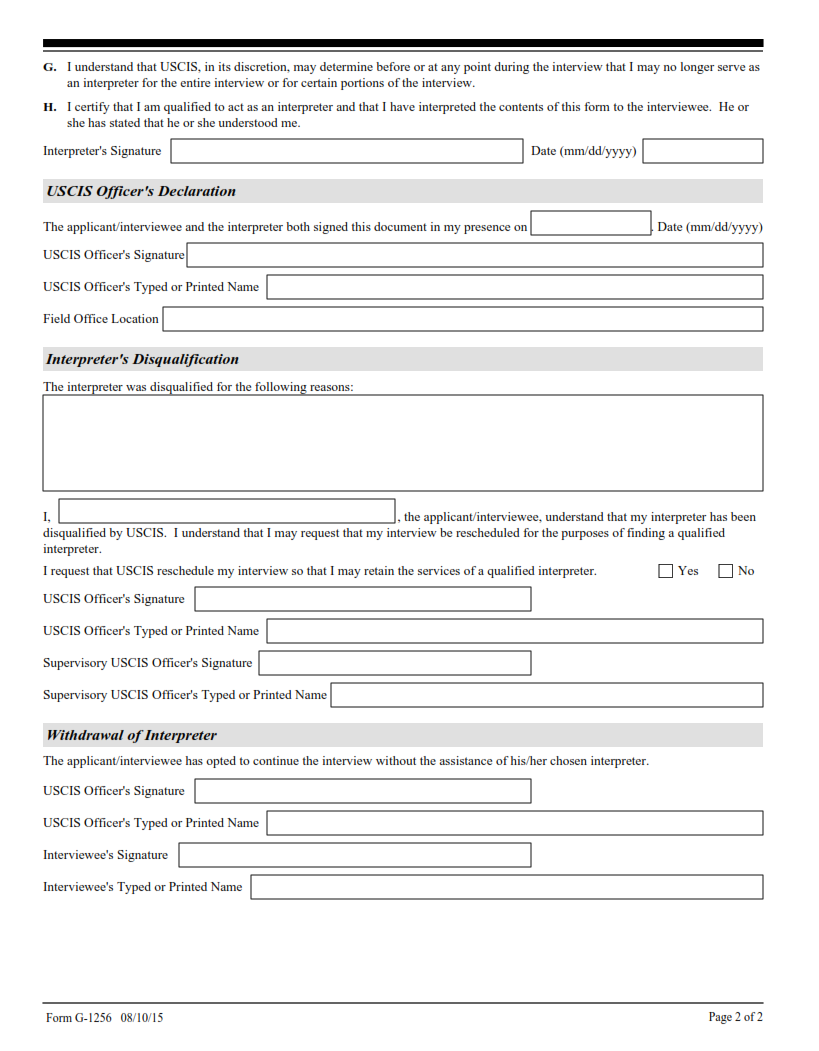 G-1256 Form - Declaration for Interpreted USCIS Interview Page 2