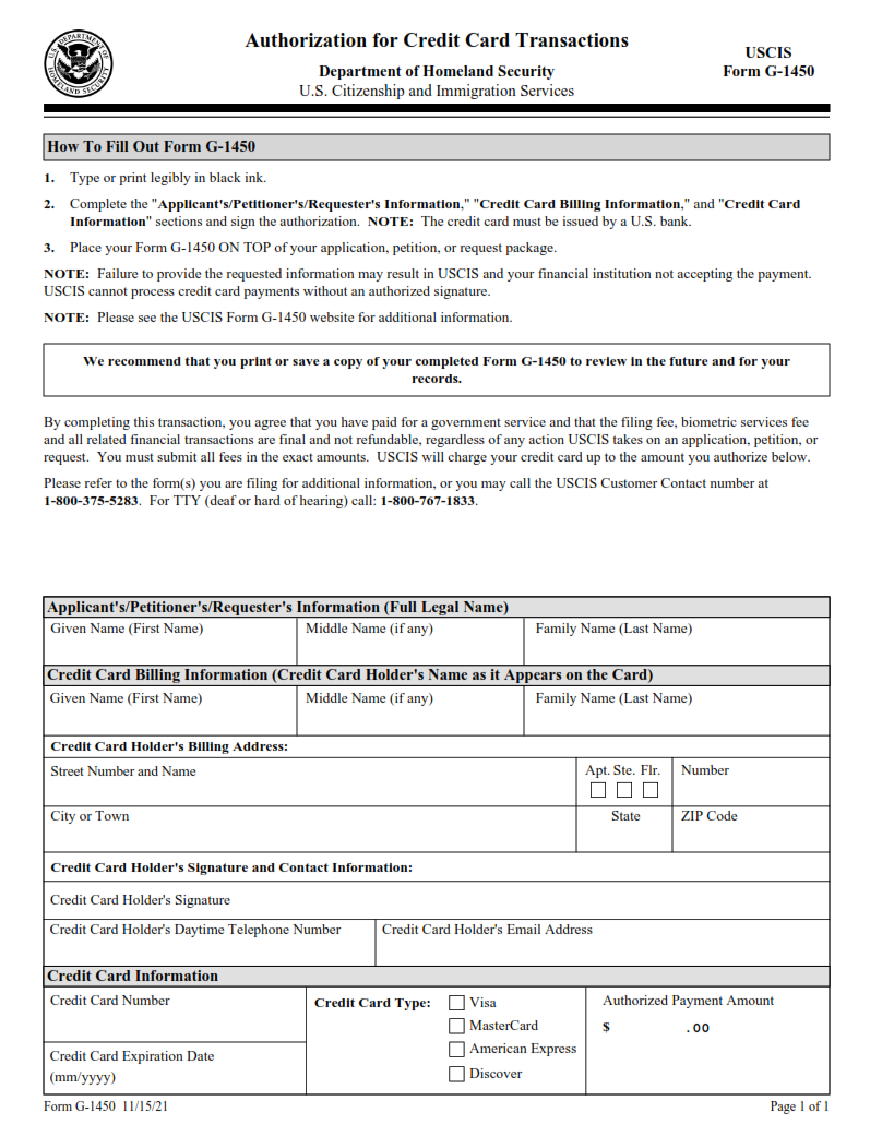 G-1450 Form - Authorization for Credit Card Transactions