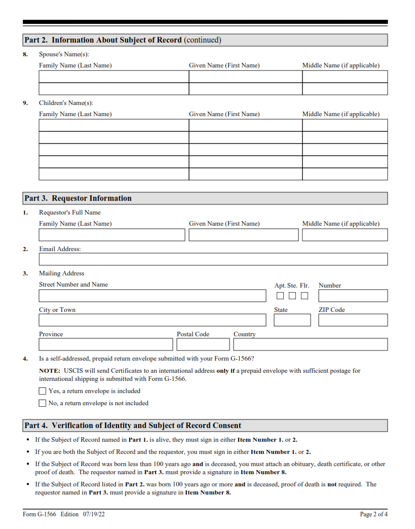 G-1566 Form - Request for Certificate of Non-Existence Page 2
