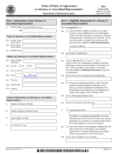 G-28 Form - Notice of Entry of Appearance as Attorney or Accredited Representative Page 1