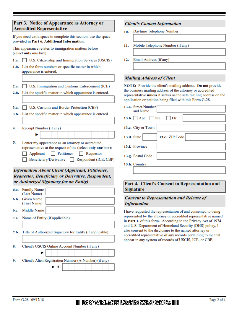 G-28 Form - Notice of Entry of Appearance as Attorney or Accredited Representative Page 2