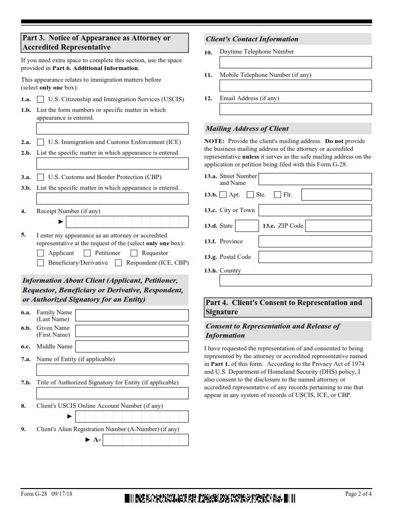 G 28 Form Notice Of Entry Of Appearance As Attorney Or Accredited 