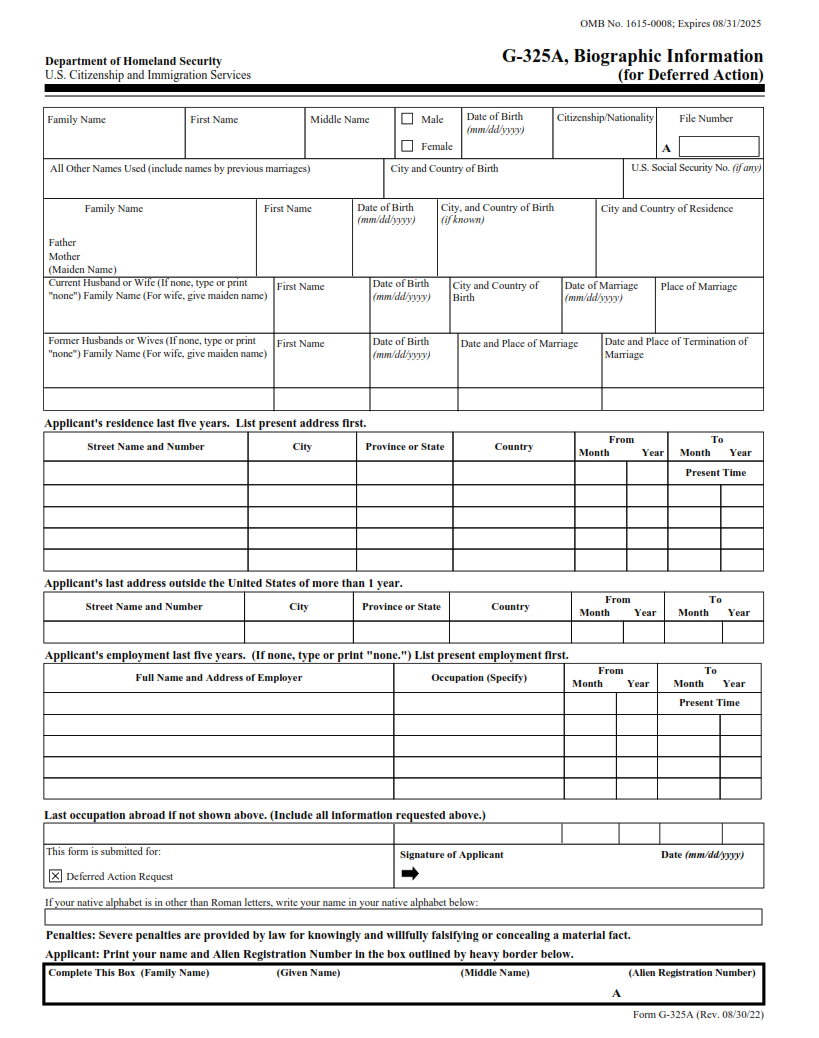 G-325A Form - Biographic Information (For Deferred Action)