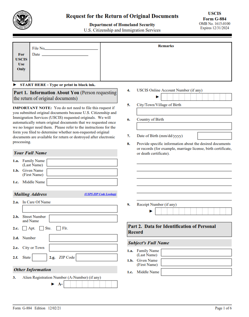 G-884 Form - Request for the Return of Original Documents Page 1