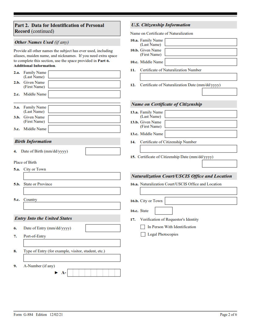 G-884 Form - Request for the Return of Original Documents Page 2