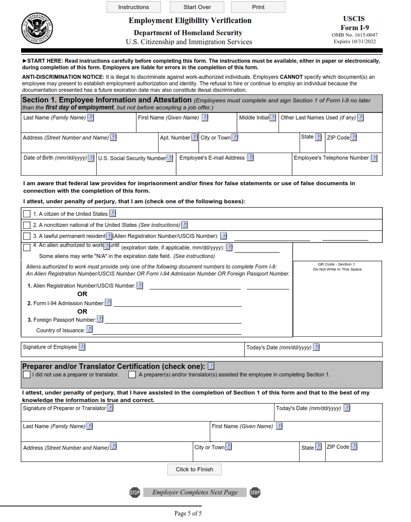I-9 Form - Employment Eligibility Verification Page 1