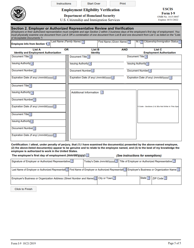 I-9 Form - Employment Eligibility Verification Page 2