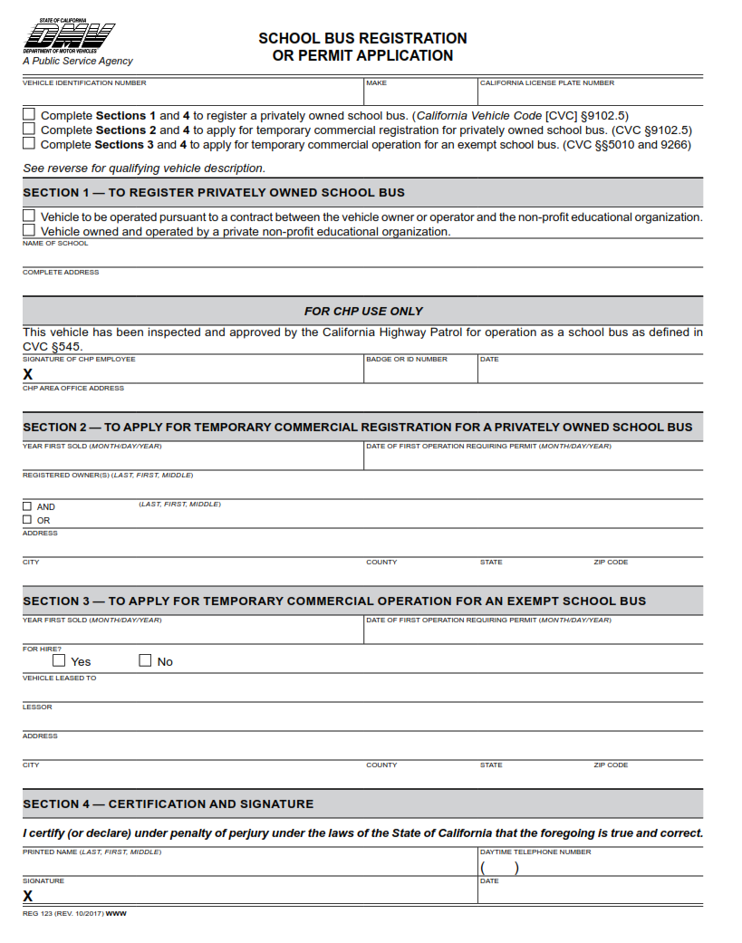 REG 123 - School Bus Registration Or Permit Application Page 1