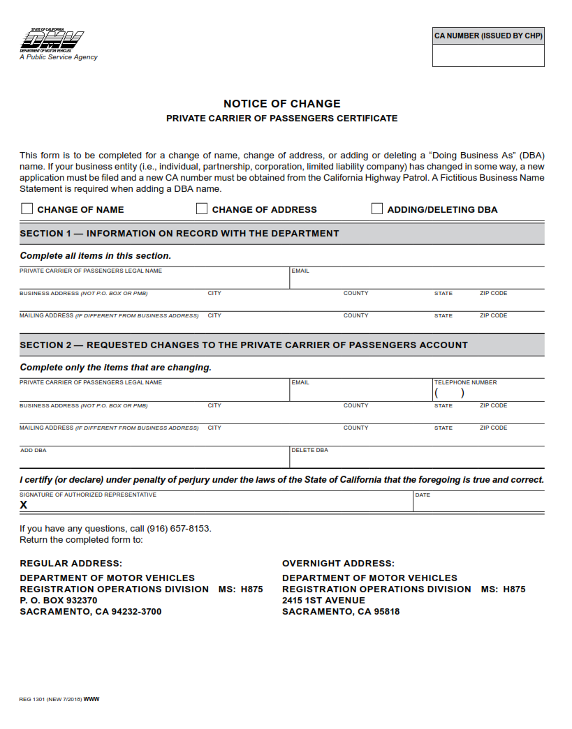 REG 1301 - Notificación De Cambio Certificado De Transportista Privado De Pasajeros page 1