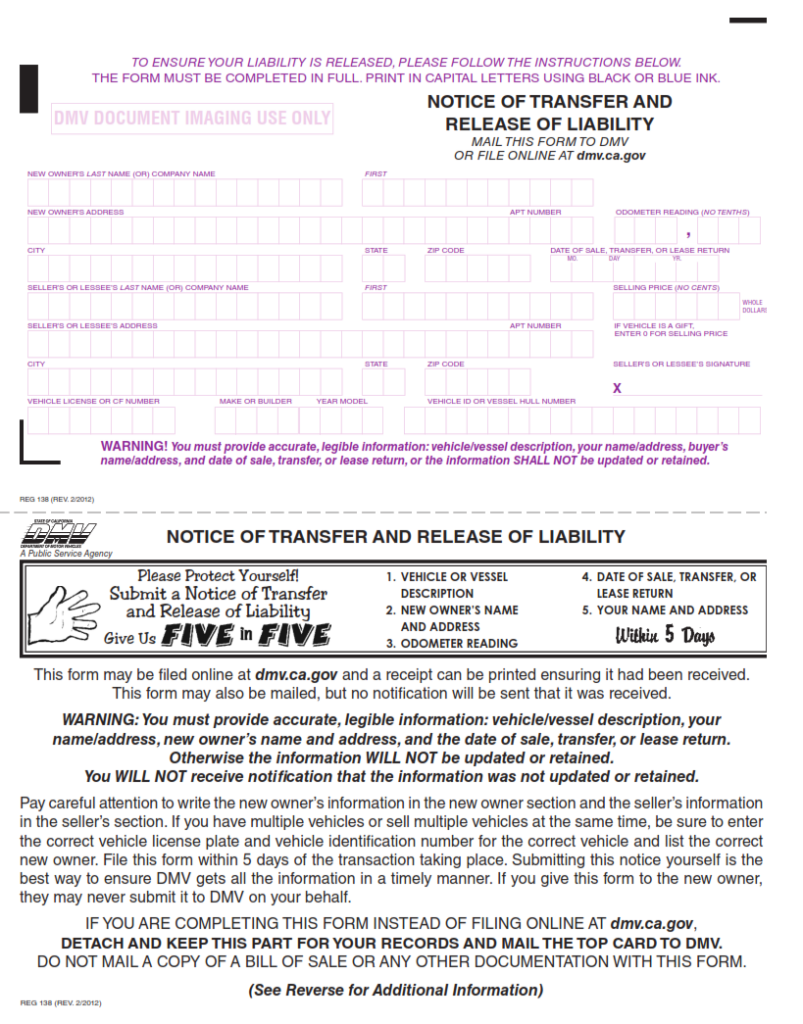 REG 138 – Notice of Transfer And Release Of Liability | Finder Doc