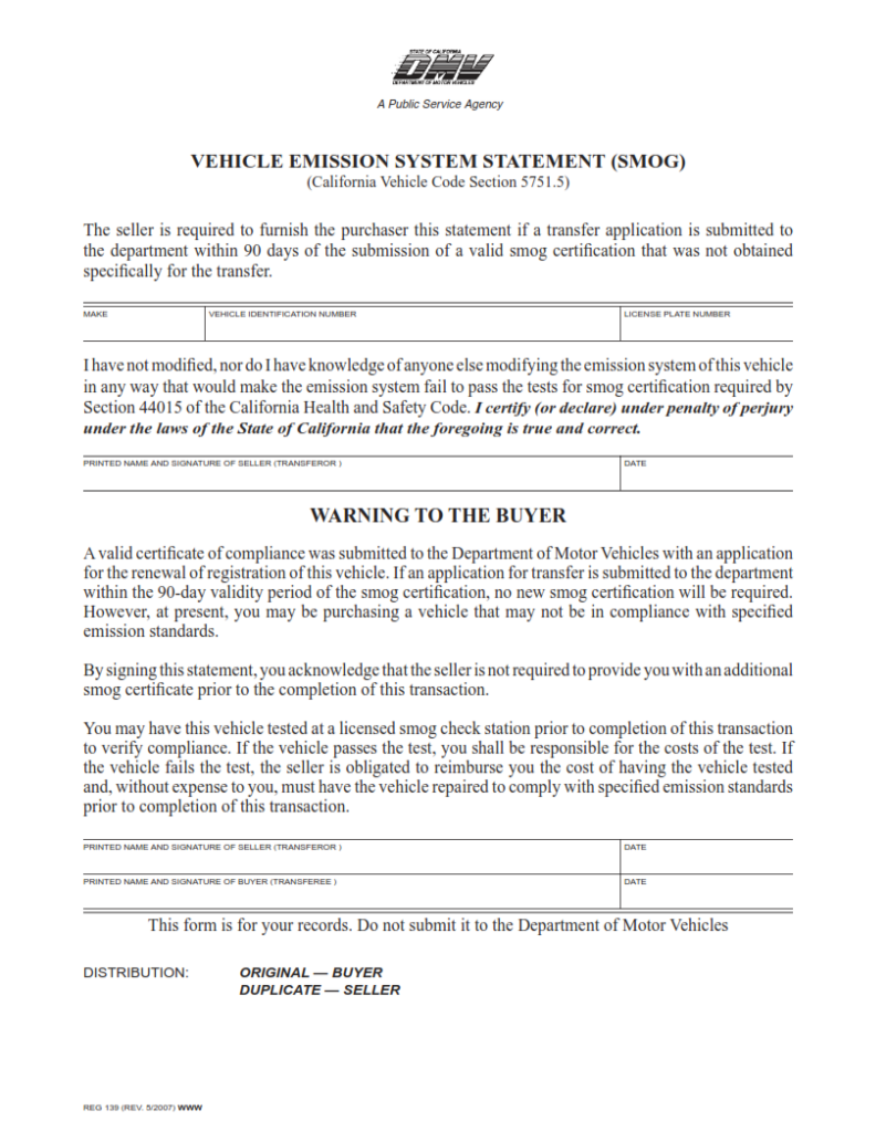 REG 139 – Vehicle Emission System Statement (SMOG) | Finder Doc