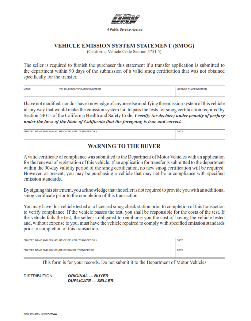 REG 139 - Vehicle Emission System Statement (SMOG) Page 1