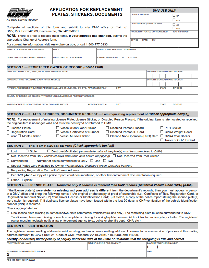 REG 156 - Application for Replacement Plates, Stickers, Documents Page 1