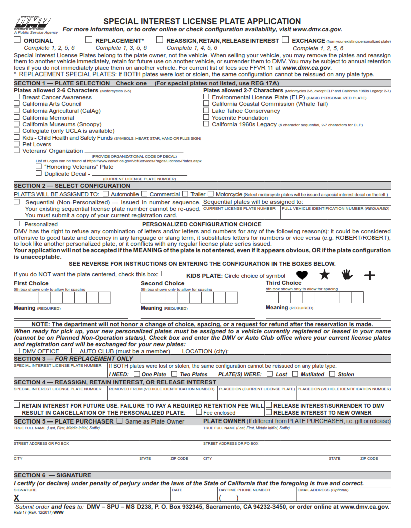 REG 17 - Special Interest License Plates Application Page 1