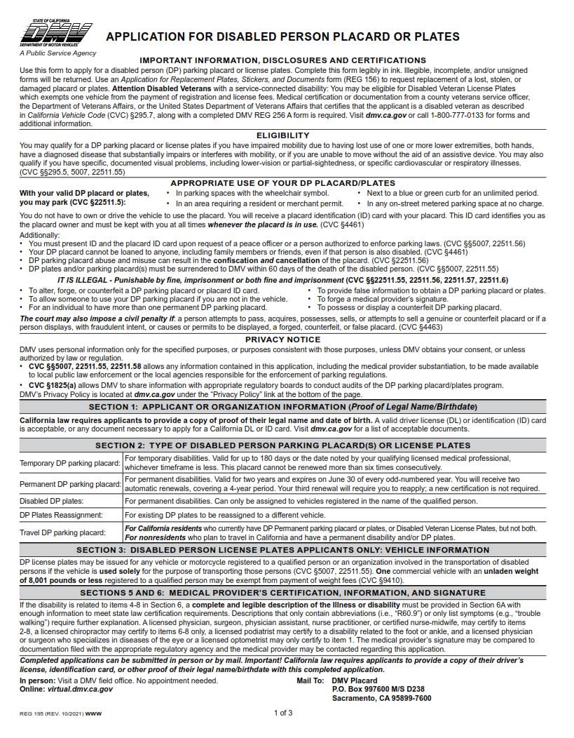 REG 195 - Application For Disabled Person Placard Or Plates page 1
