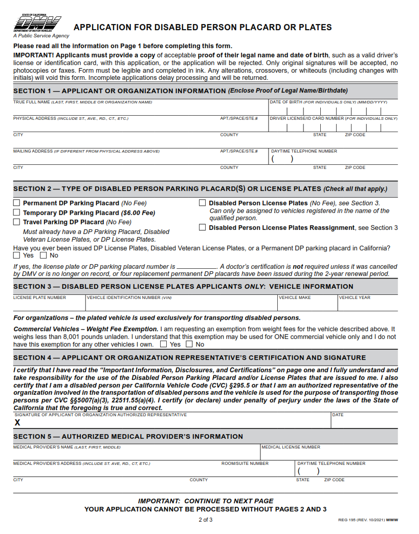 REG 195 - Application For Disabled Person Placard Or Plates page 2