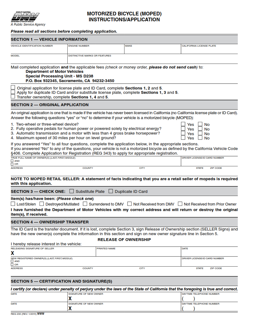 REG 230 - Motorized Bicycle Instructions or Application Page 1