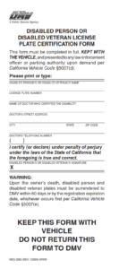 REG 3060 - Disabled Person or Disabled Veteran License Plate Certification Form Page 1