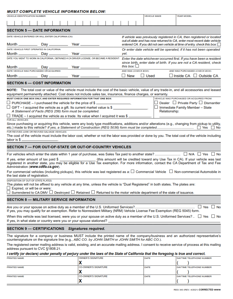 REG 343 - Application for Title or Registration Verification of Vehicle Page 2