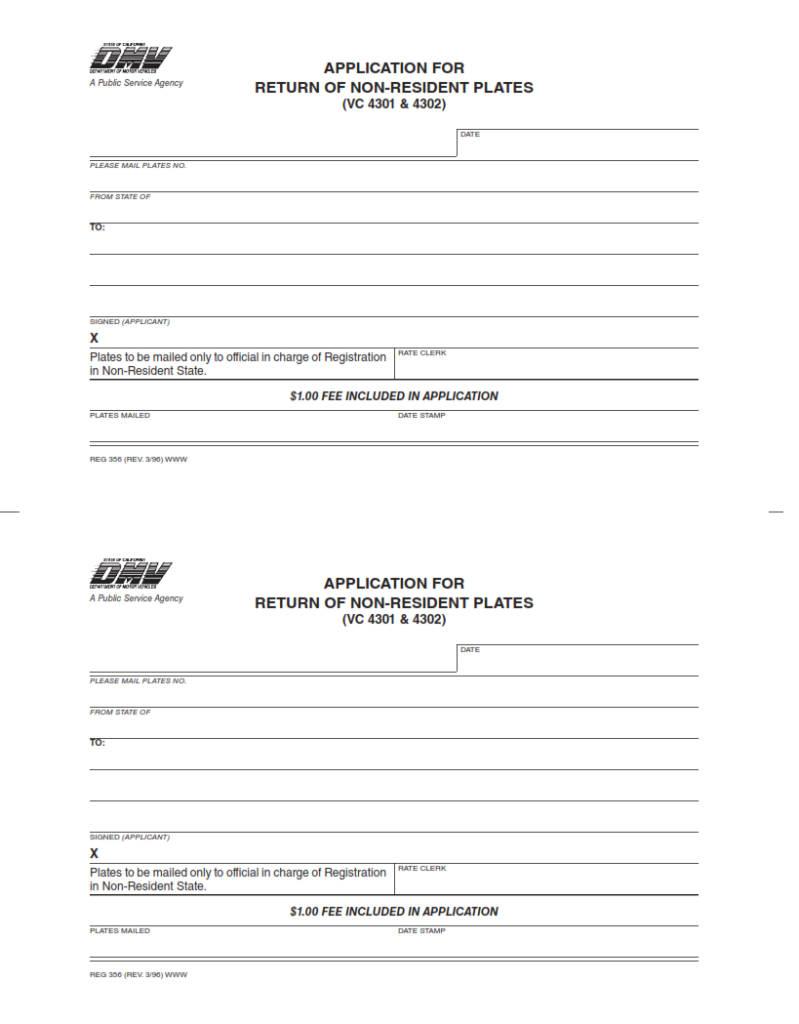 REG 356 Application for Return of NonResident Plates Finder Doc