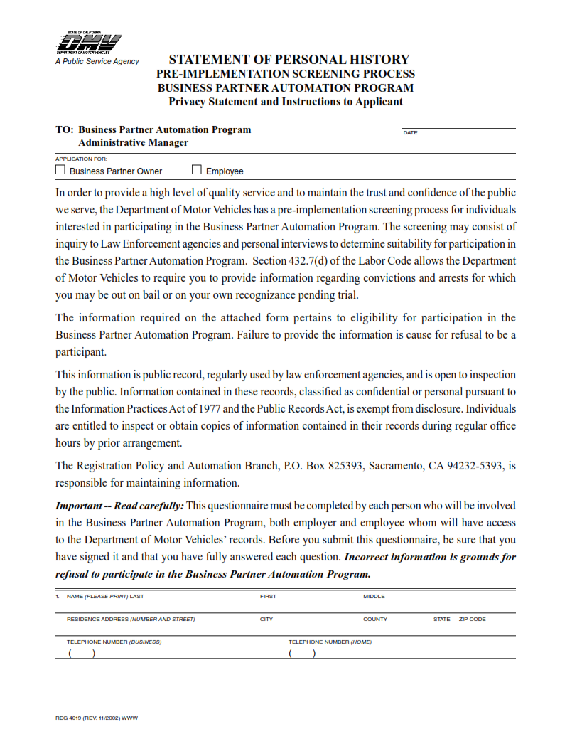 REG 4019 - Statement of Personal History – Pre-Implementation Screening Process Page 1