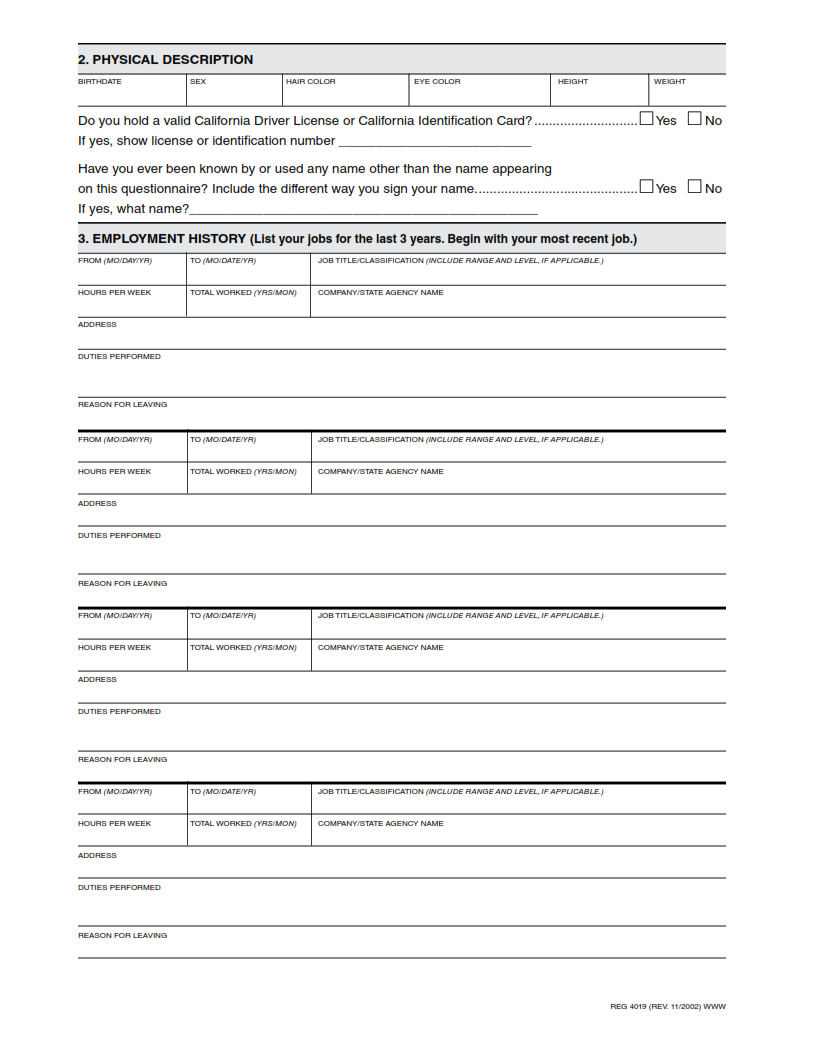 REG 4019 - Statement of Personal History – Pre-Implementation Screening Process Page 2