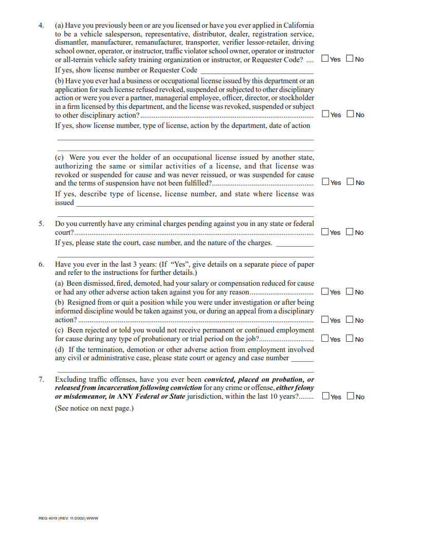 REG 4019 - Statement of Personal History – Pre-Implementation Screening Process Page 3
