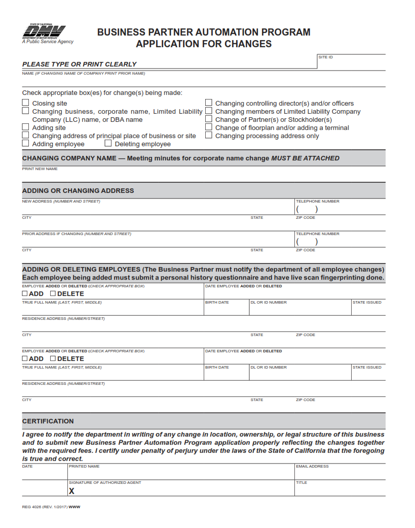 REG 4026 - Business Partner Automation Program Application for Changes Page 1