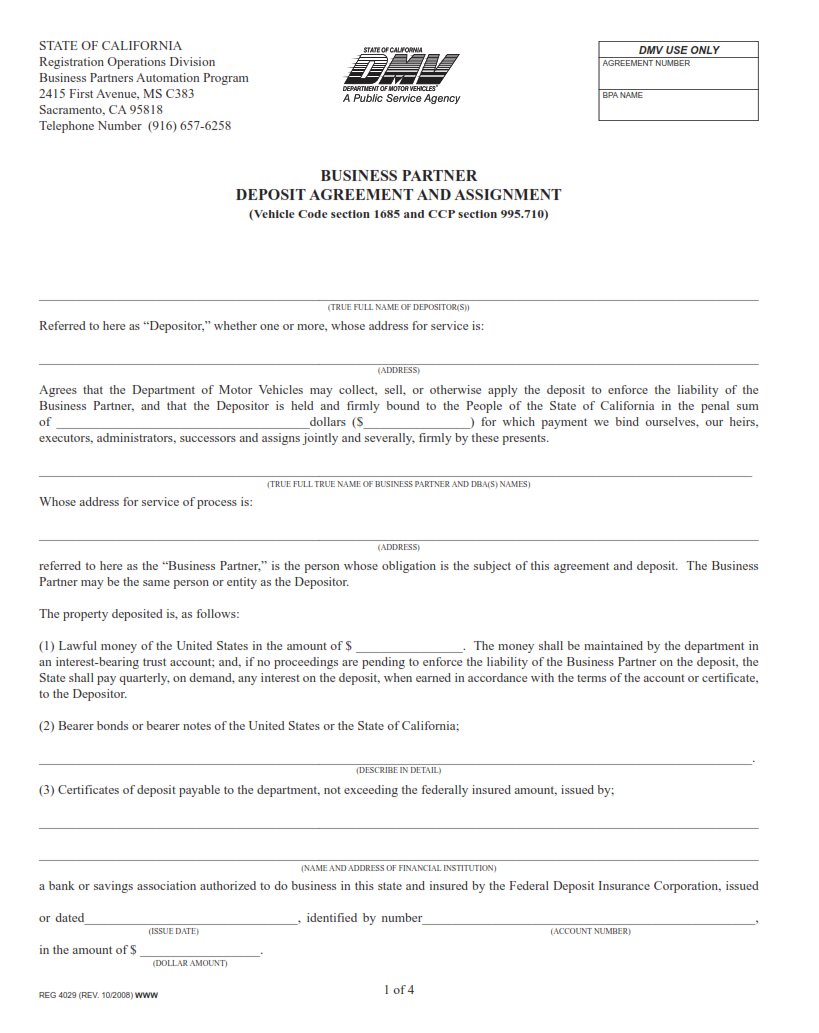REG 4029 - Business Partner Deposit Agreement and Assignment Page 1