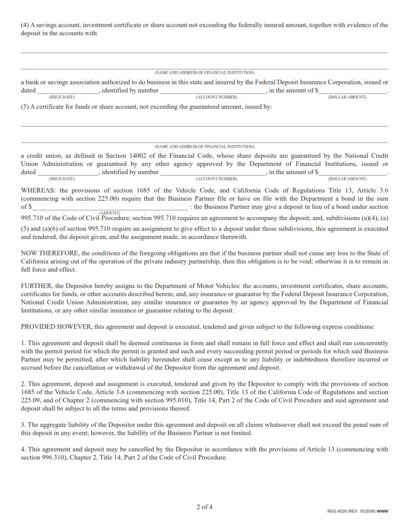 REG 4029 - Business Partner Deposit Agreement and Assignment Page 2