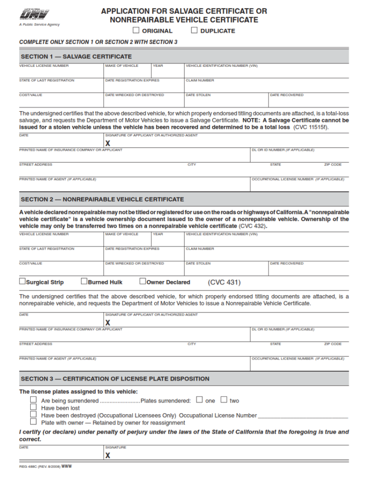 REG 488C – Application for Salvage Certificate or Nonrepairable Vehicle ...