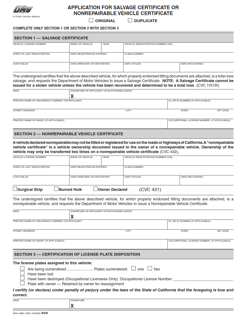 REG 488C - Application for Salvage Certificate or Nonrepairable Vehicle Certificate Page 1
