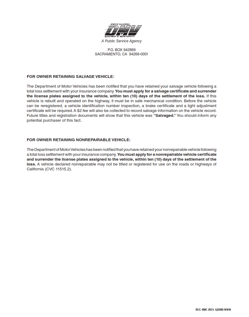 REG 488C - Application for Salvage Certificate or Nonrepairable Vehicle Certificate Page 2