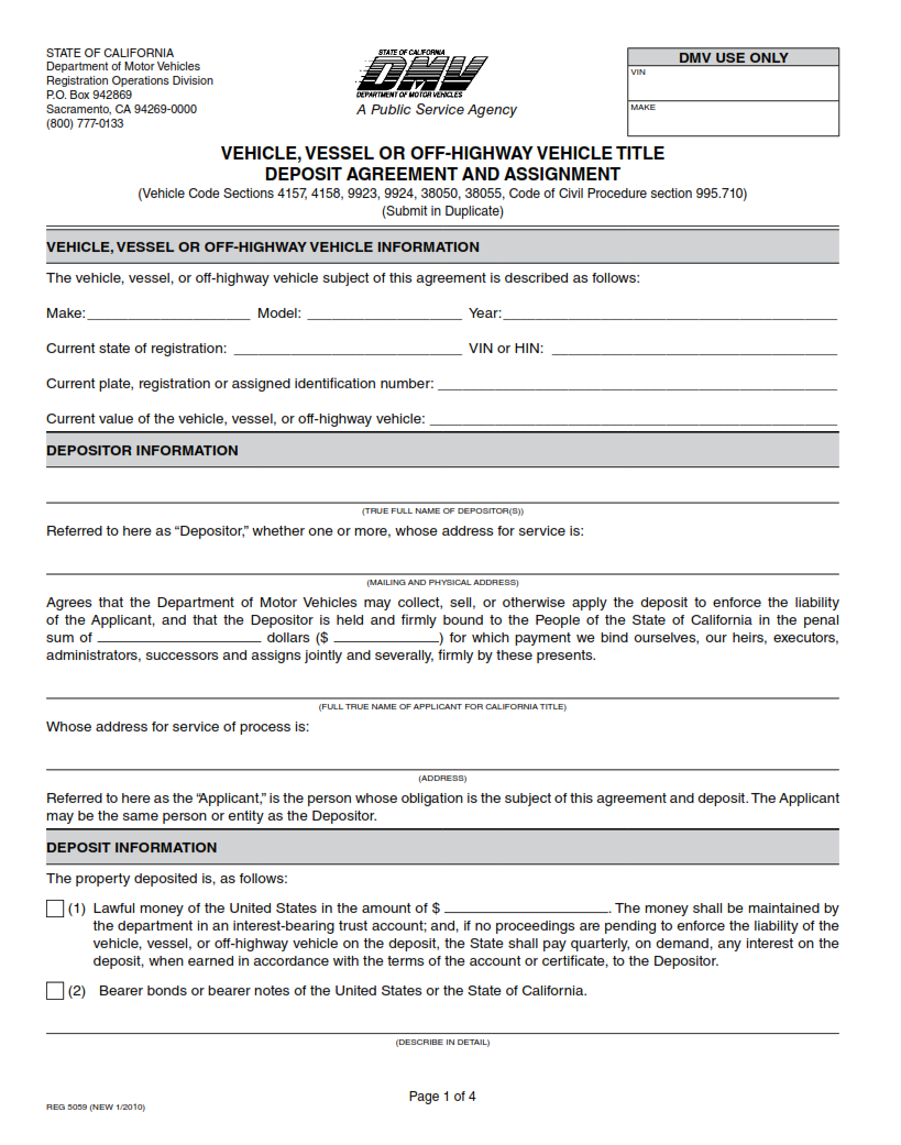 REG 5059 - Vehicle, Vessel, or Off-Highway Vehicle Title Deposit Agreement and Assignment Page 1