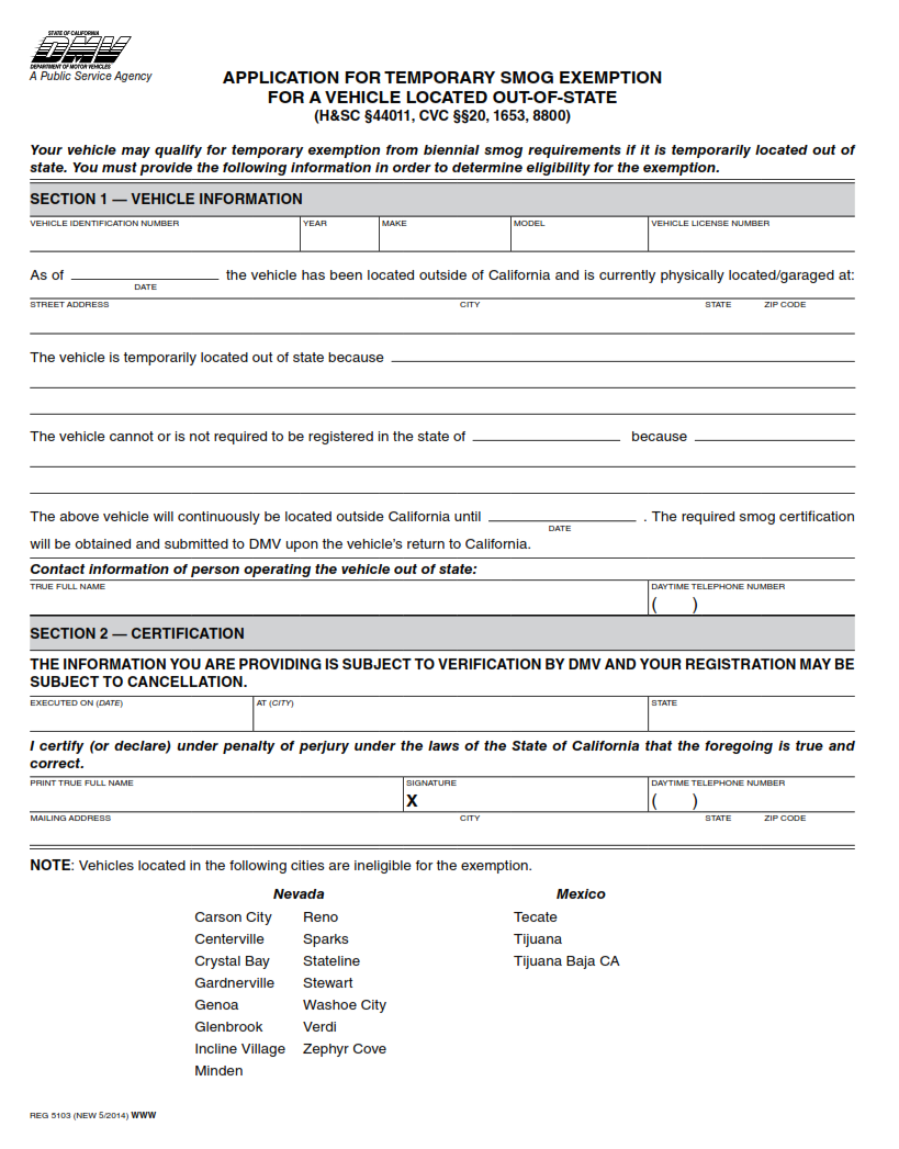 REG 5103 - Application for Temporary Smog Exemption for a Vehicle Located Out-of-State