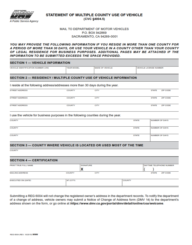 REG 6004 – Statement of Multiple County Use of Vehicle | Finder Doc