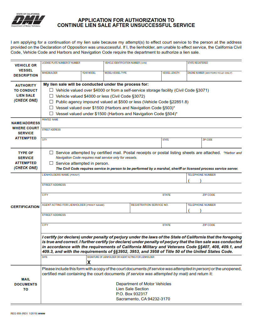 REG 659 - Application for Authorization to Continue Lien Sale After Unsuccessful Service