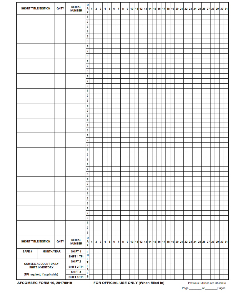 AF COMSEC Form 16 – Comsec Account Daily Shift Inventory | Finder Doc