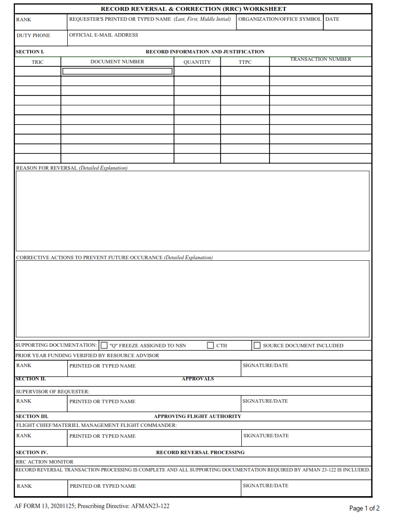 AF Form 13 - Record Reversal & Correction (RRC) Worksheet Page 1