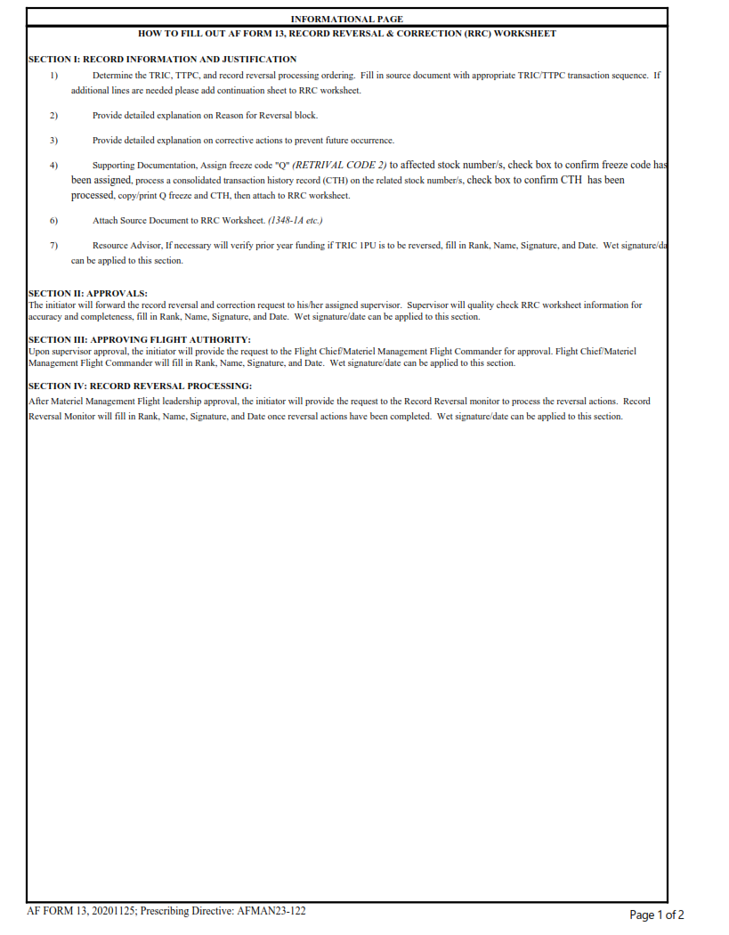 AF Form 13 - Record Reversal & Correction (RRC) Worksheet Page 2