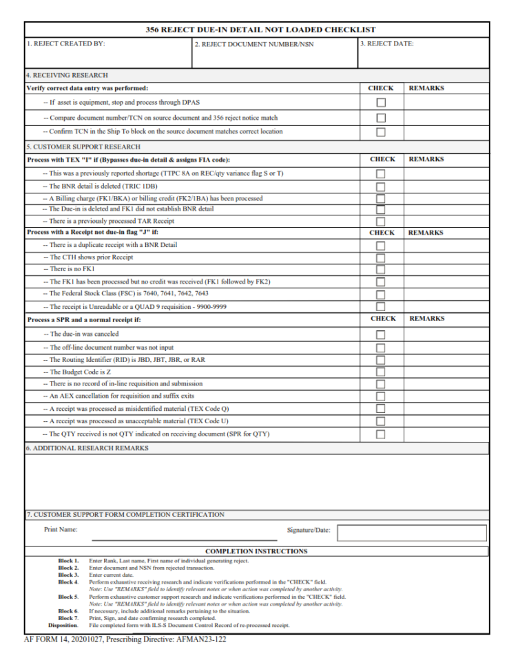 AF Form 14 – 356 Reject Due-In Detail Not Loaded Checklist | Finder Doc